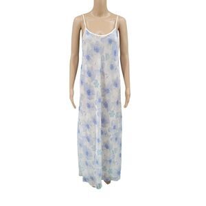 Valerie Stevens 90s or Y2K Vintage Maxi Length Slip Dress Blue Floral Chiffon